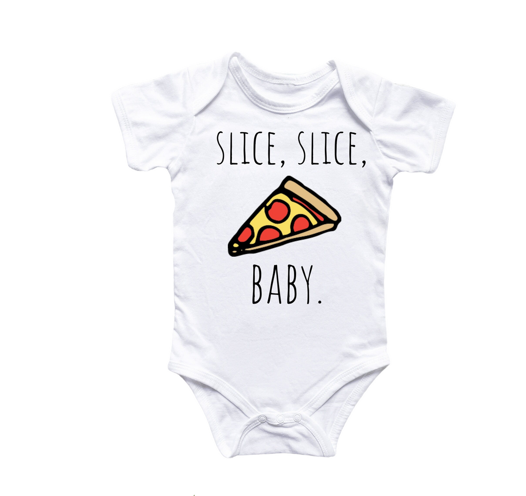 a baby bodysuit with a slice of pizza on it