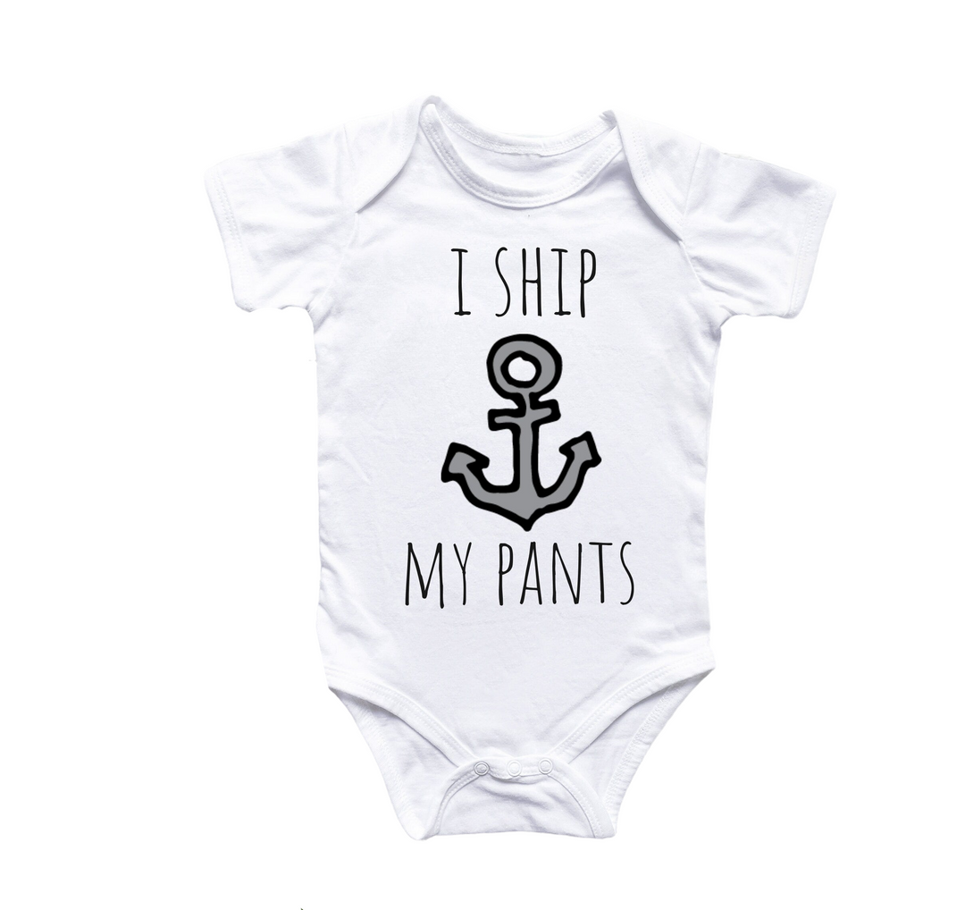 a white bodysuit with a black anchor on it