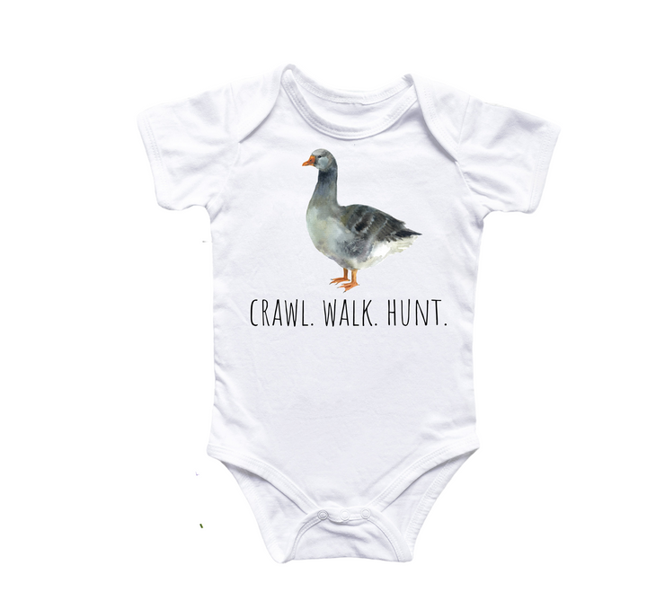 a white bodysuit with a gray and white duck on it