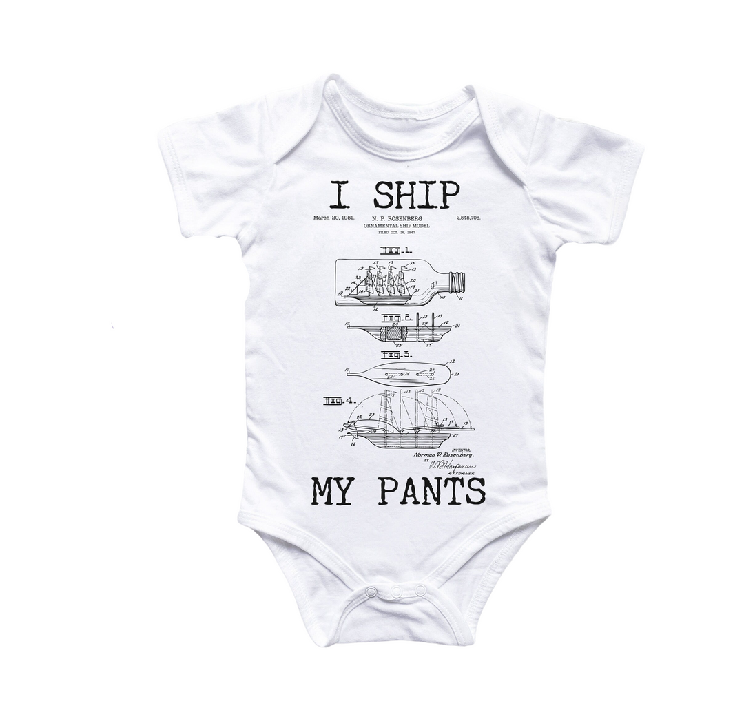 a white bodysuit with a diagram of a ship