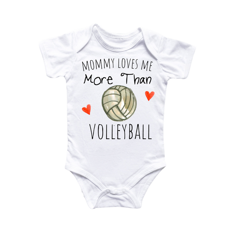 a baby bodysuit that says mommy loves me more than volleyball