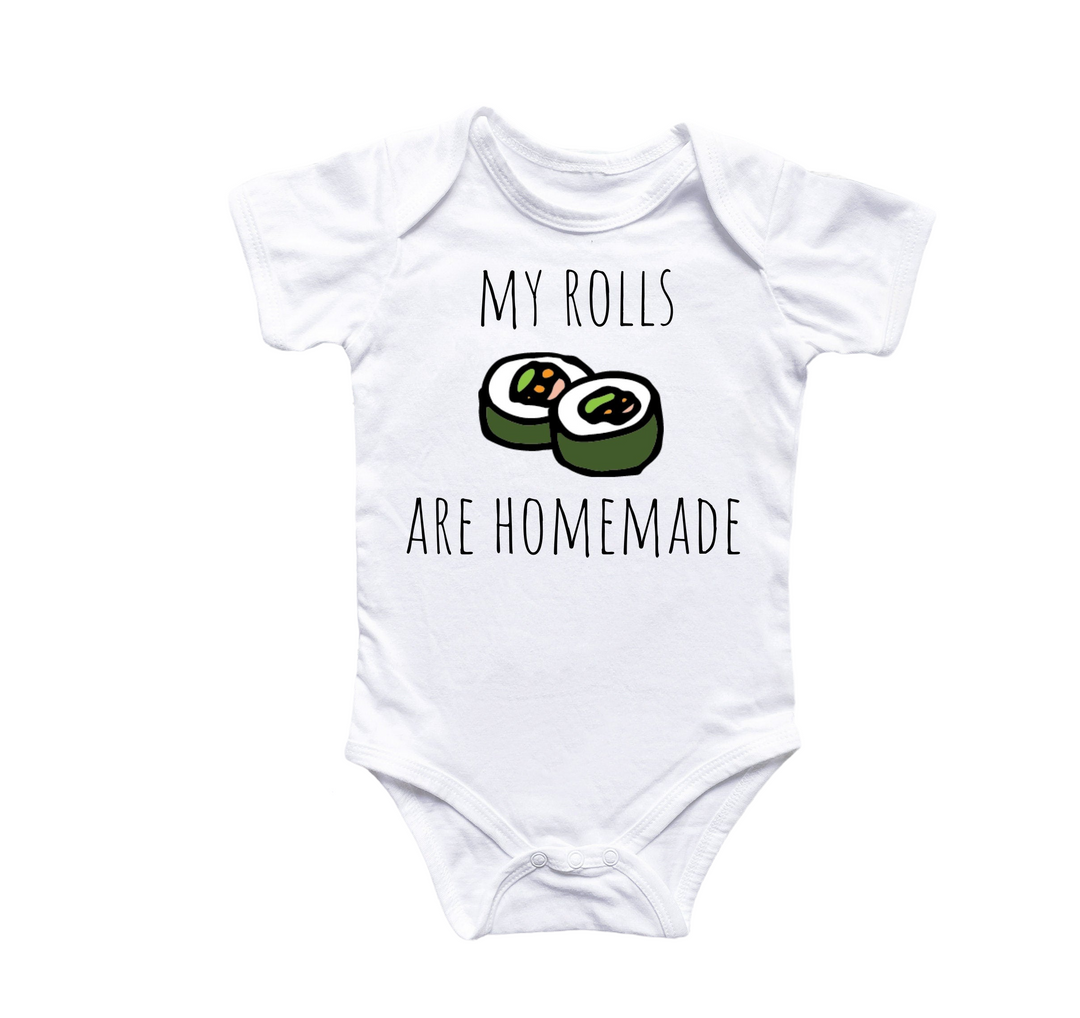 a white baby bodysuit with two sushi rolls on it