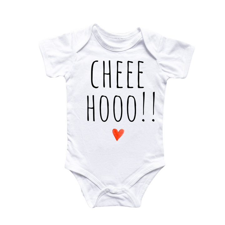 a baby bodysuit with the words cheese hooo written on it