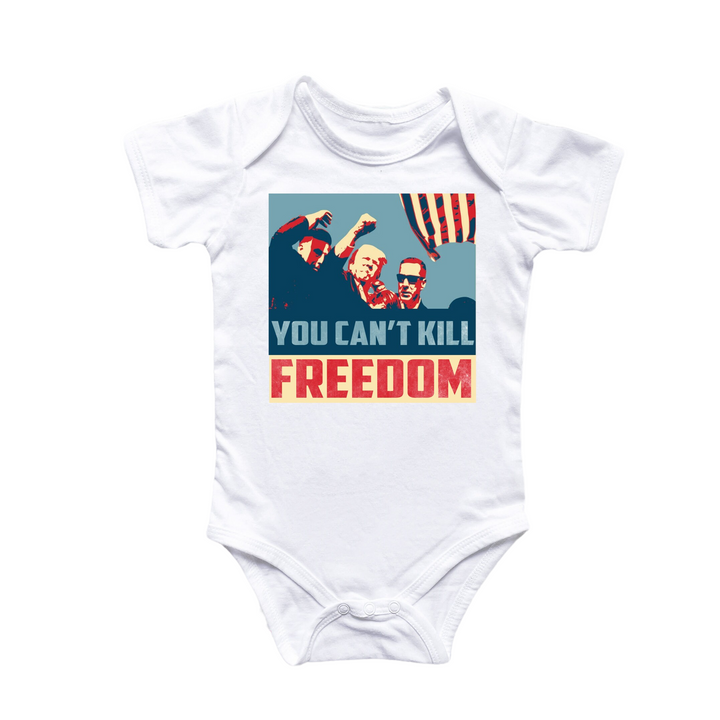 a white bodysuit with a picture of a person holding a flag