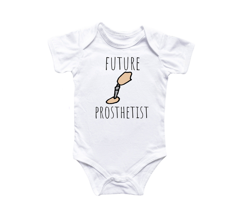 a white baby bodysuit with the words future prosthetist printed on it