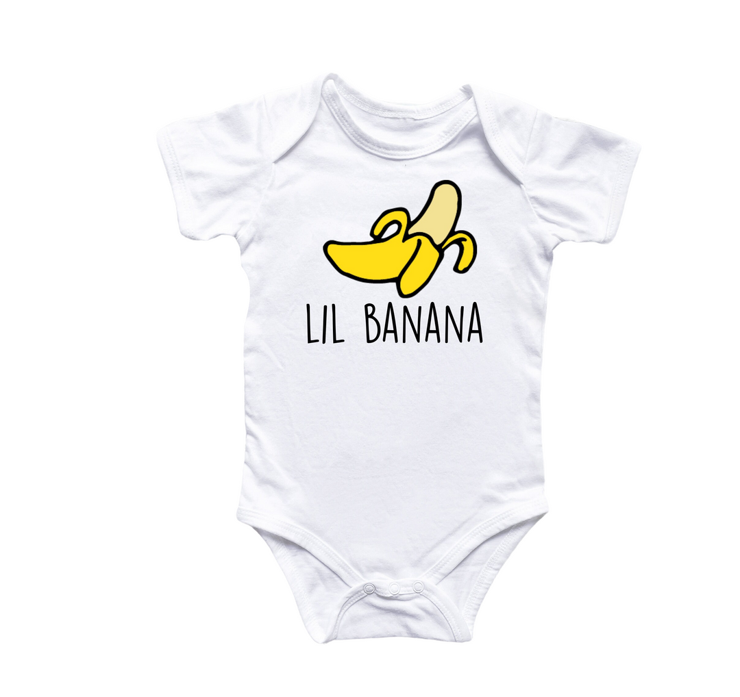 a white bodysuit with a yellow banana on it