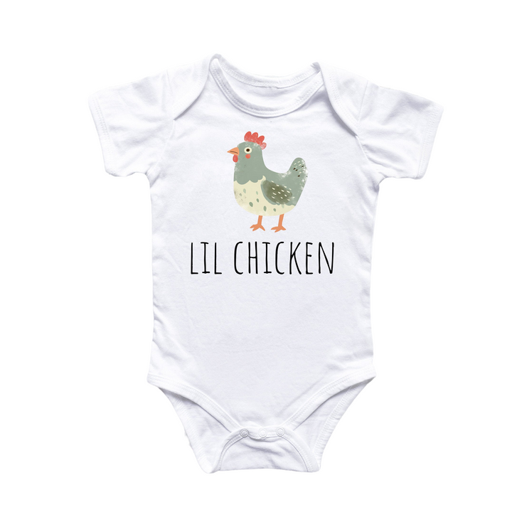 a white bodysuit with a chicken on it