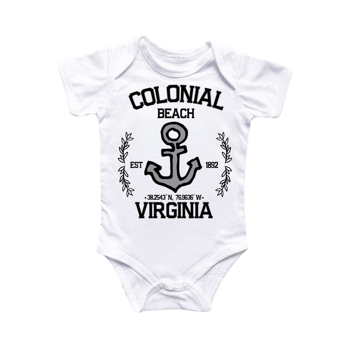 a white bodysuit with an anchor and the words colonial beach on it