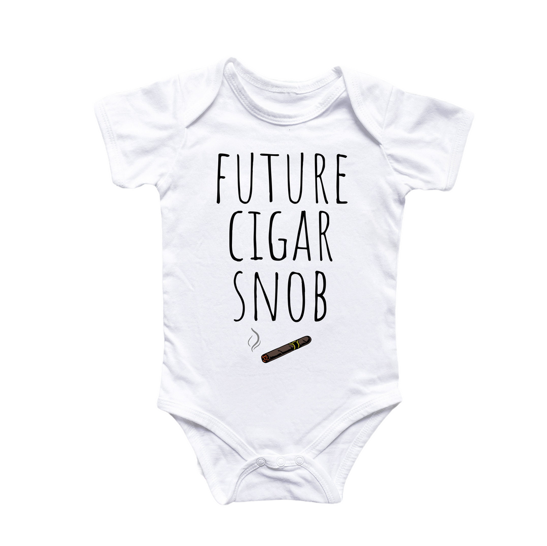 a white bodysuit with the words future cigar snobb printed on it