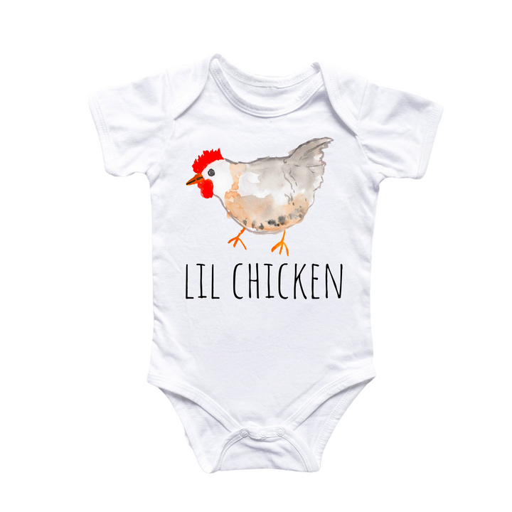 a white bodysuit with a chicken on it