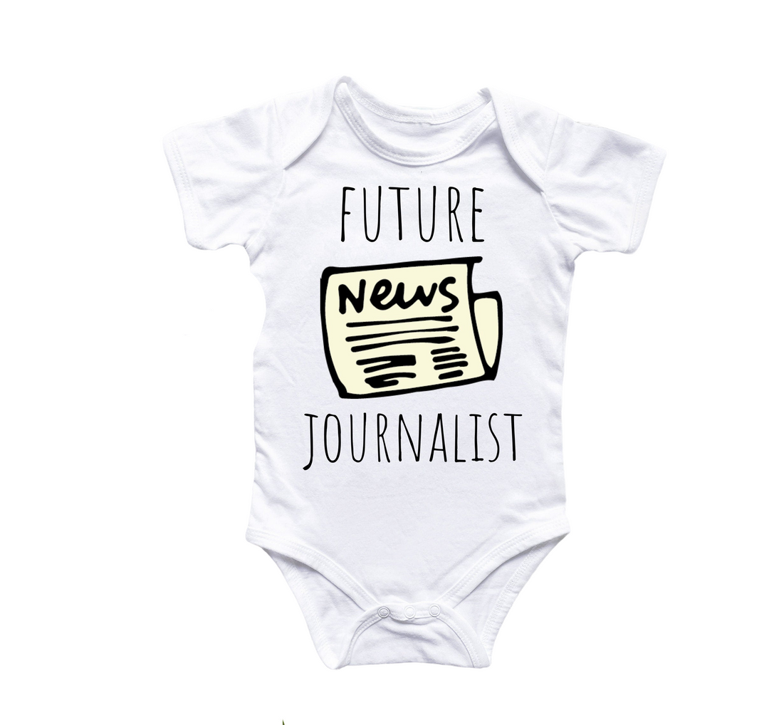 a white baby bodysuit with the words future news journalist printed on it