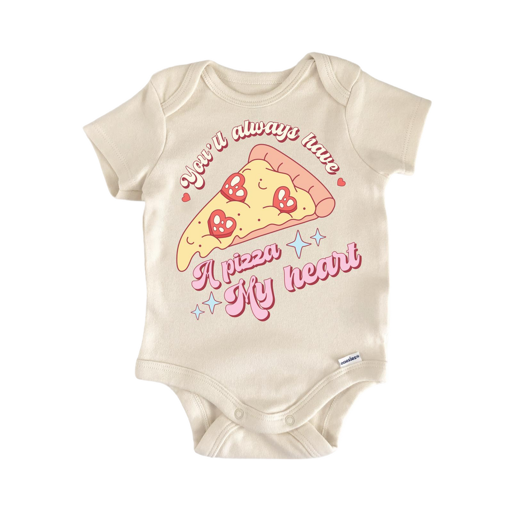 a baby bodysuit with a slice of pizza on it