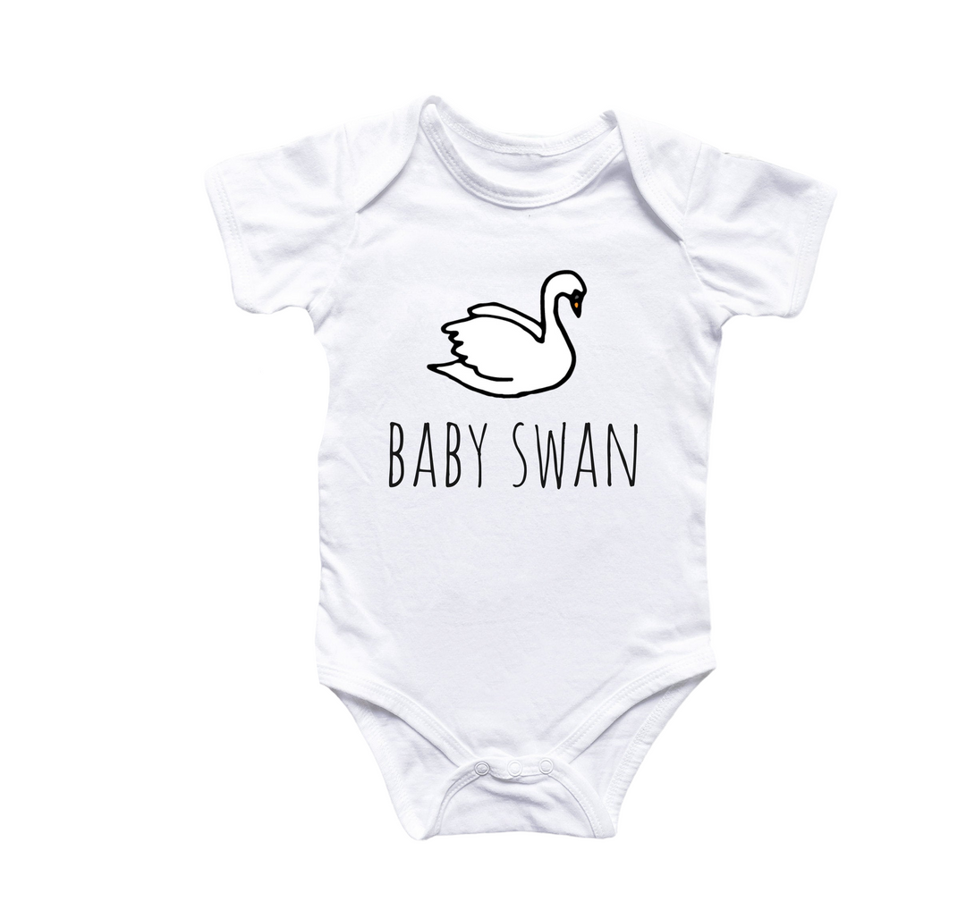 a white bodysuit with a black swan on it