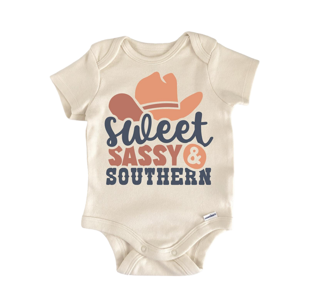 a baby bodysuit that says sweet sassy and southern