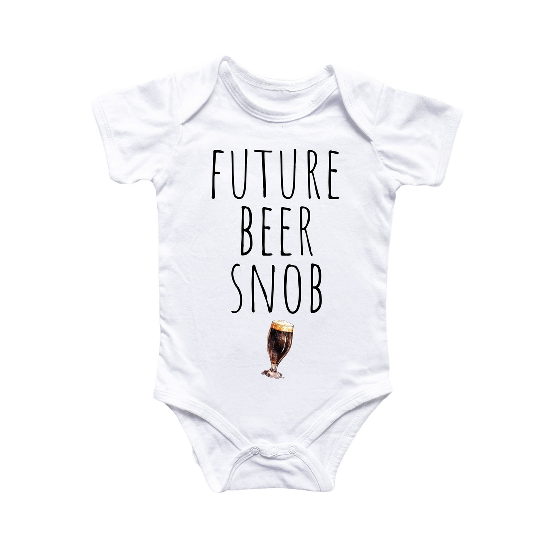 a white baby bodysuit with the words future beer snobb on it