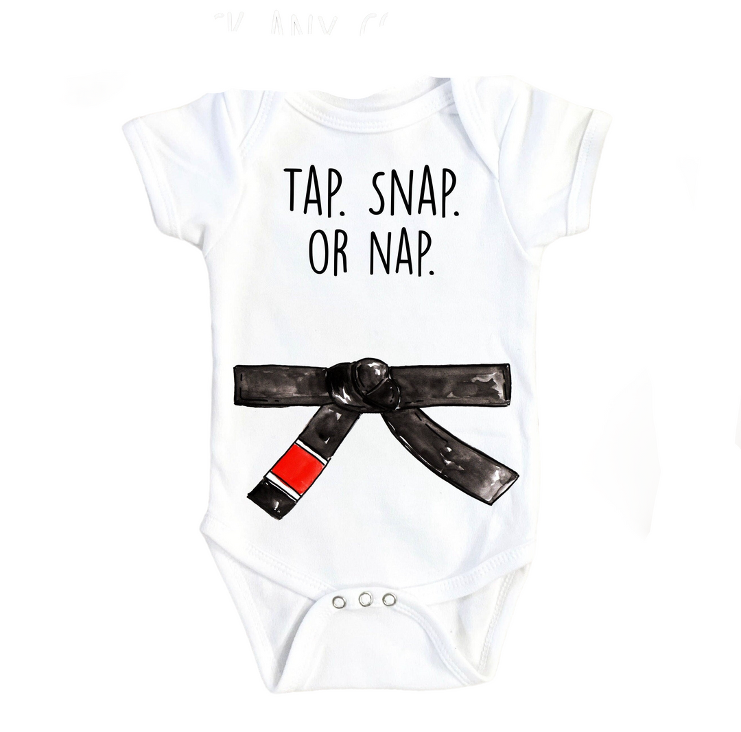 a white bodysuit with a black belt on it that says tap snap or nap