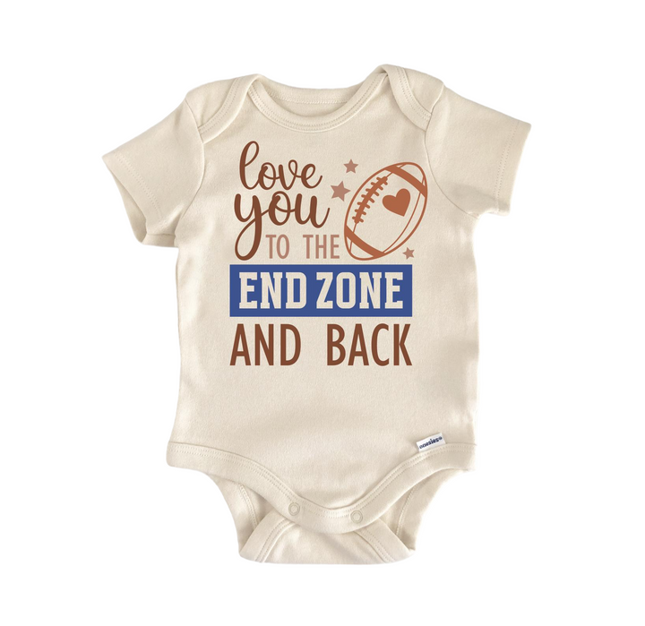 a baby bodysuit that says love you to the end zone and back