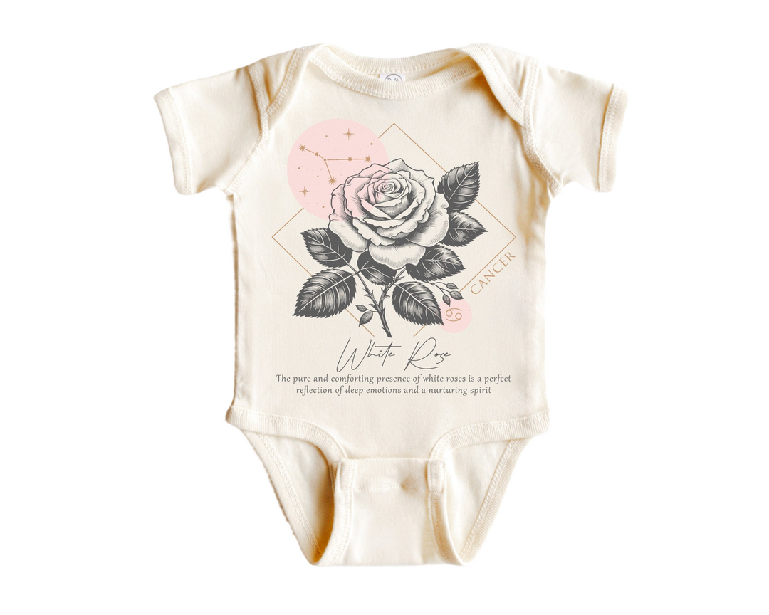 a white bodysuit with a rose on it