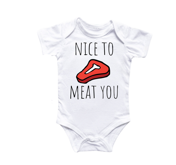 a white bodysuit with a red shoe saying nice to meat you