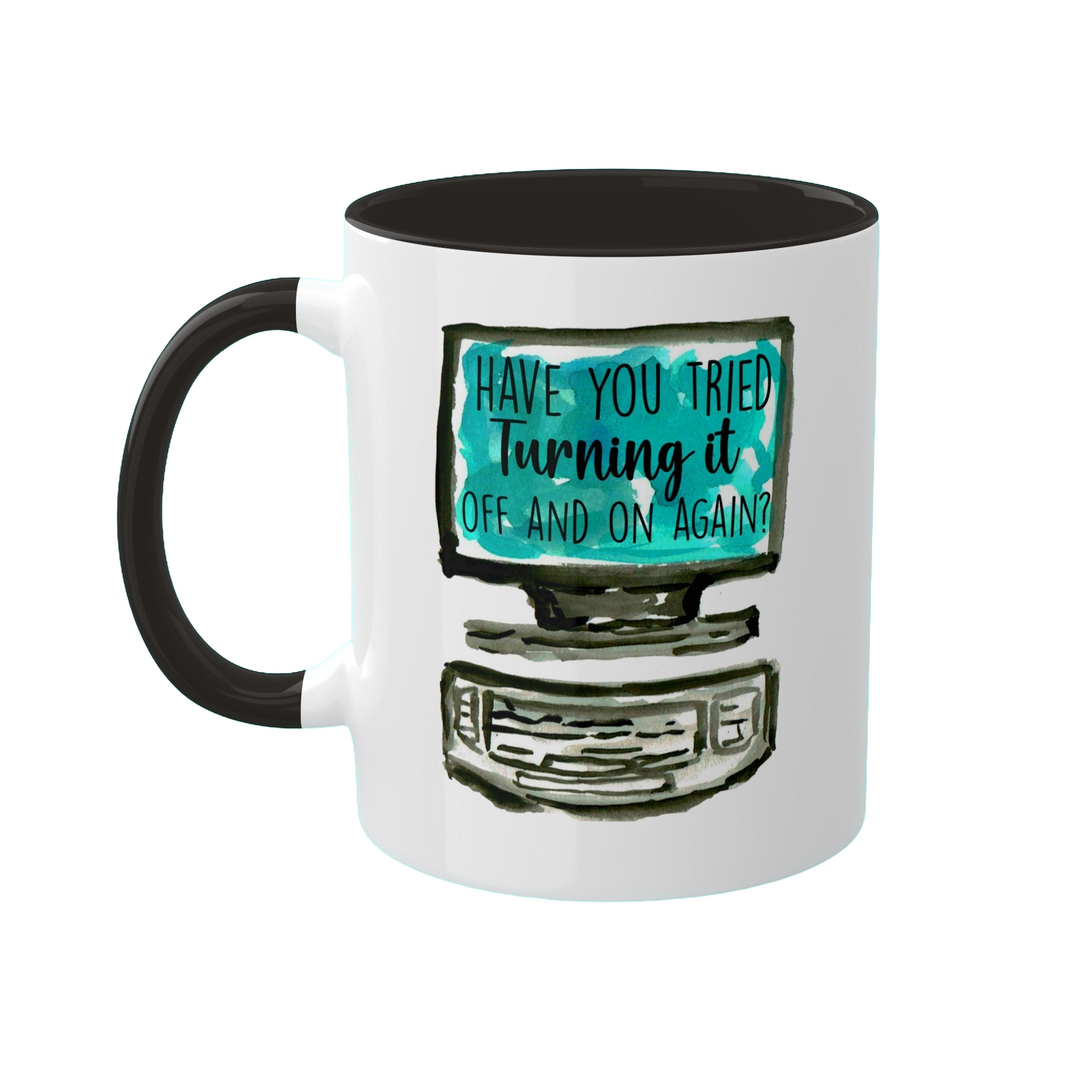 a black and white coffee mug with a tv on it