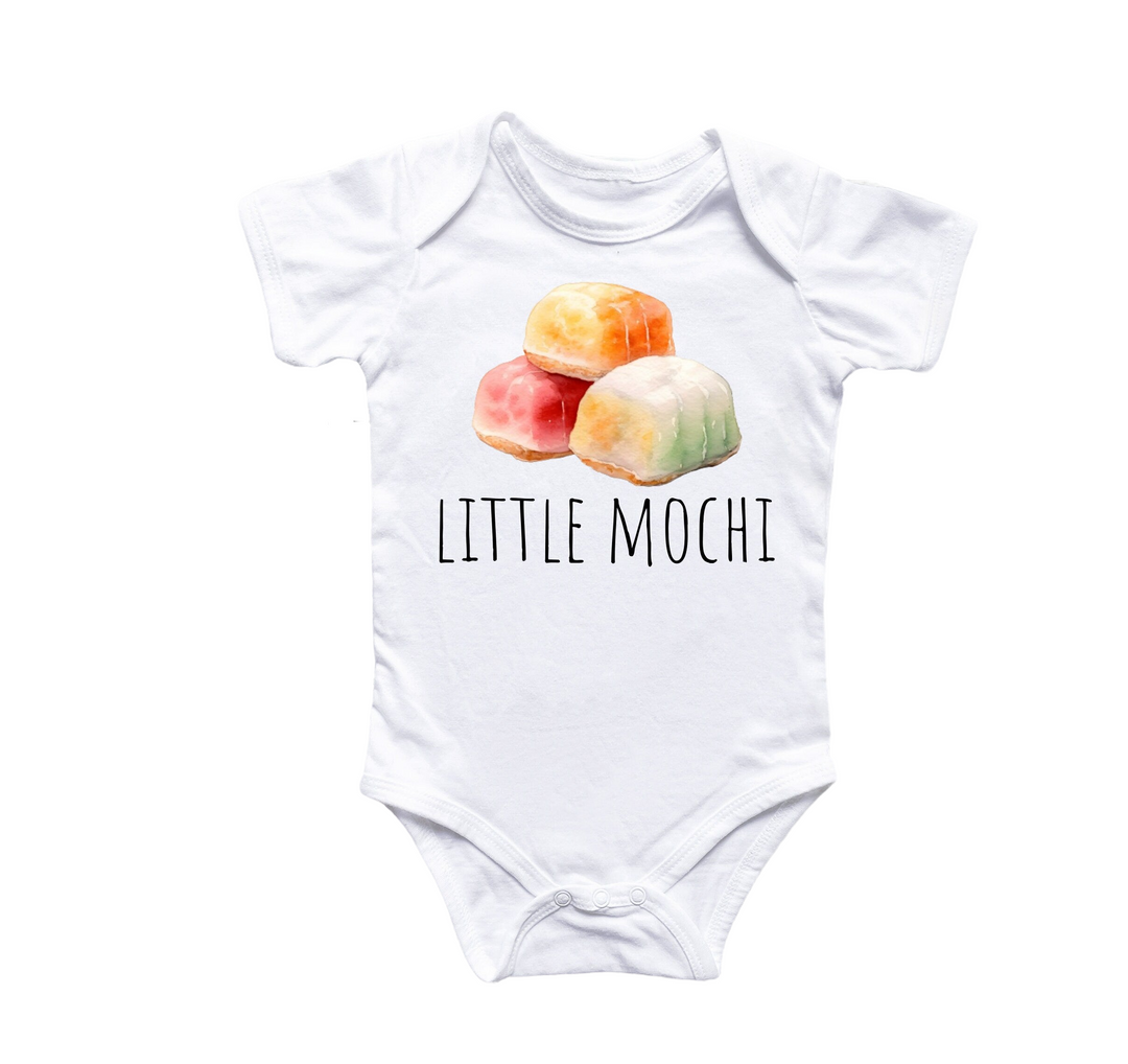 a white bodysuit with three little mochis on it