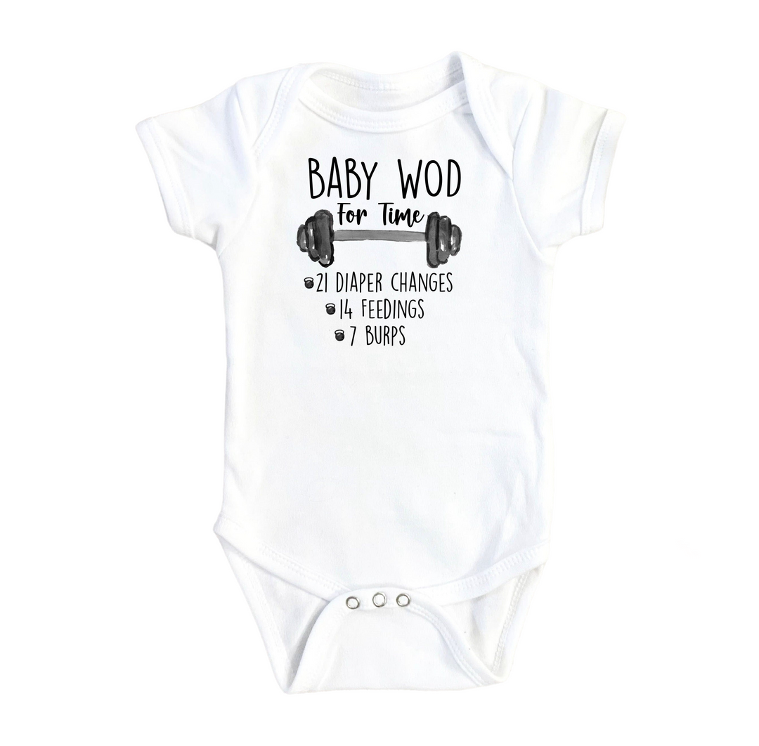 a white baby bodysuit with the words baby wod on it