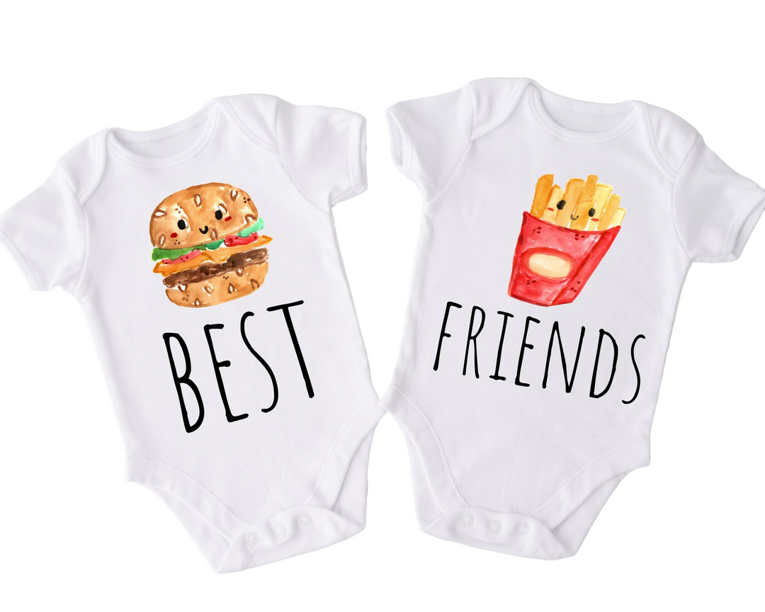 two onesuits with the words best friends and a hamburger