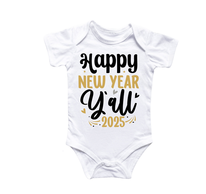 a baby bodysuit with the words happy new year y'all printed on it