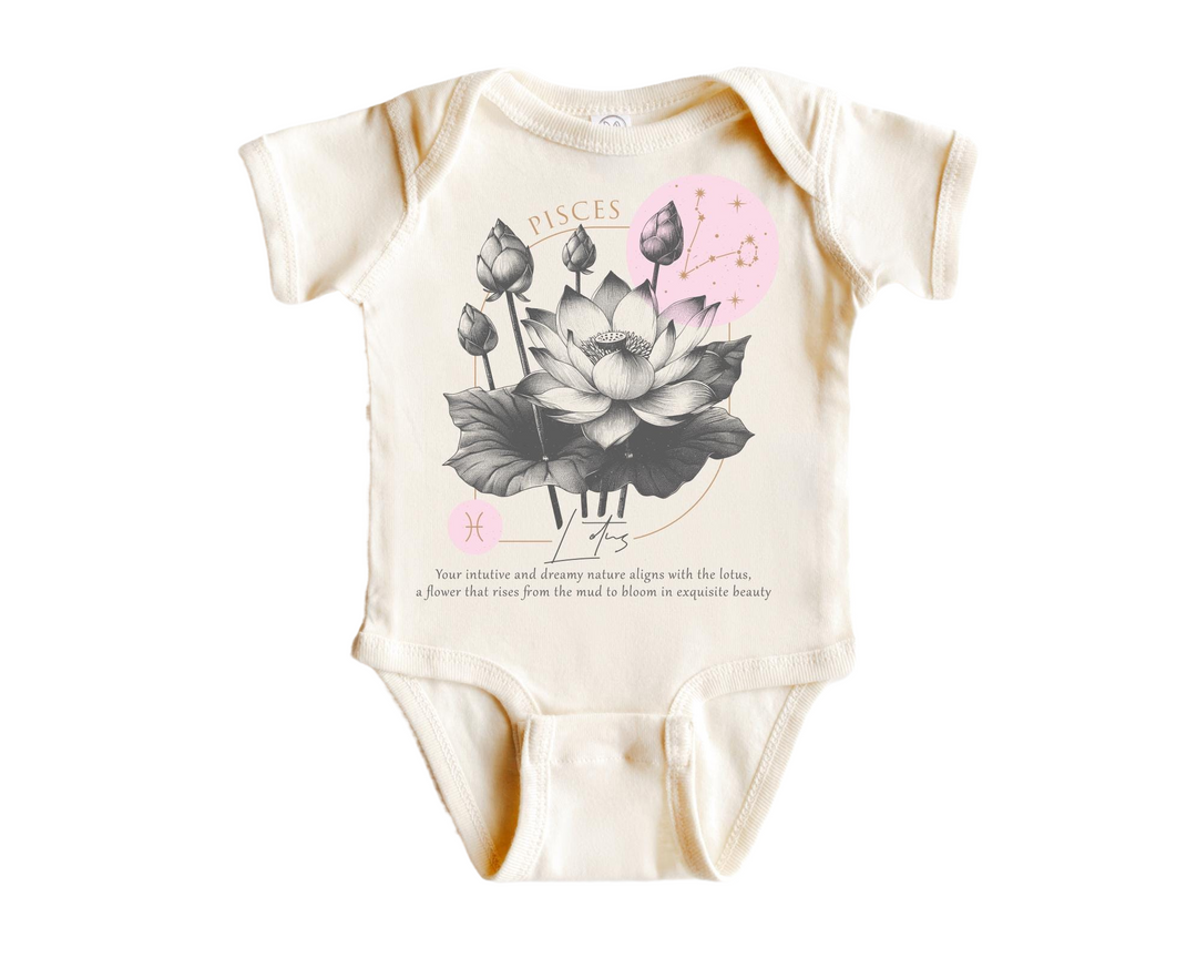 a baby bodysuit with a picture of a flower on it