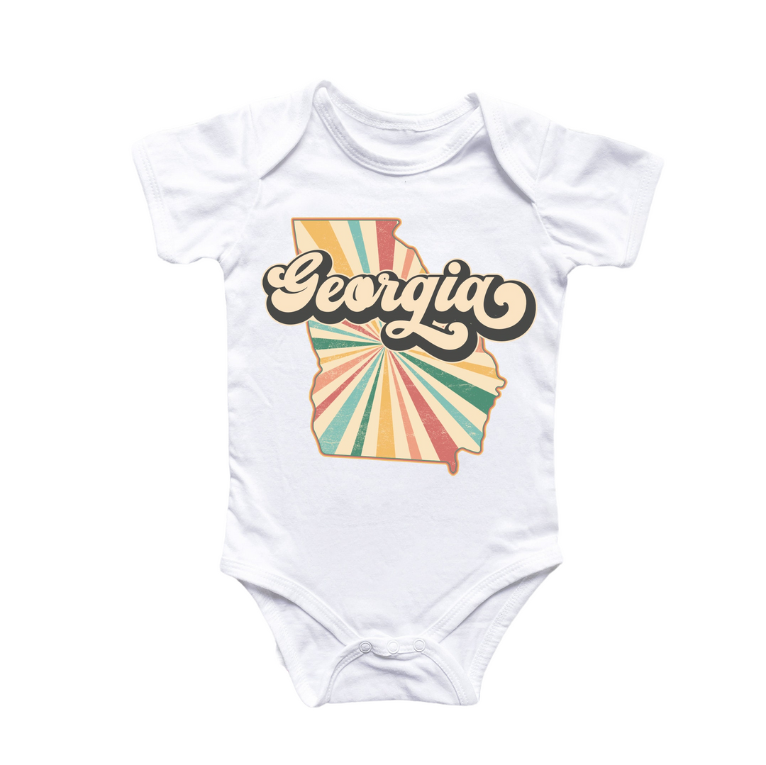 a white bodysuit with the word georgia on it