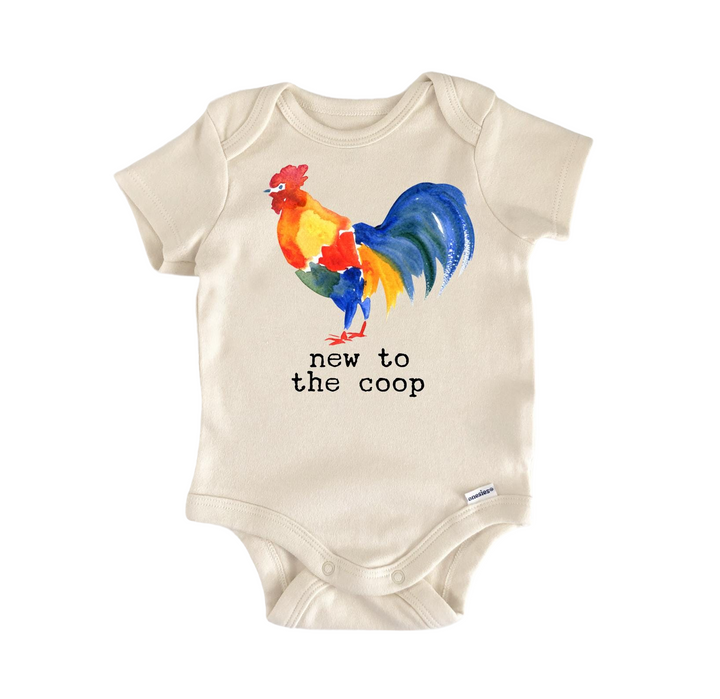 a baby bodysuit with a rooster on it