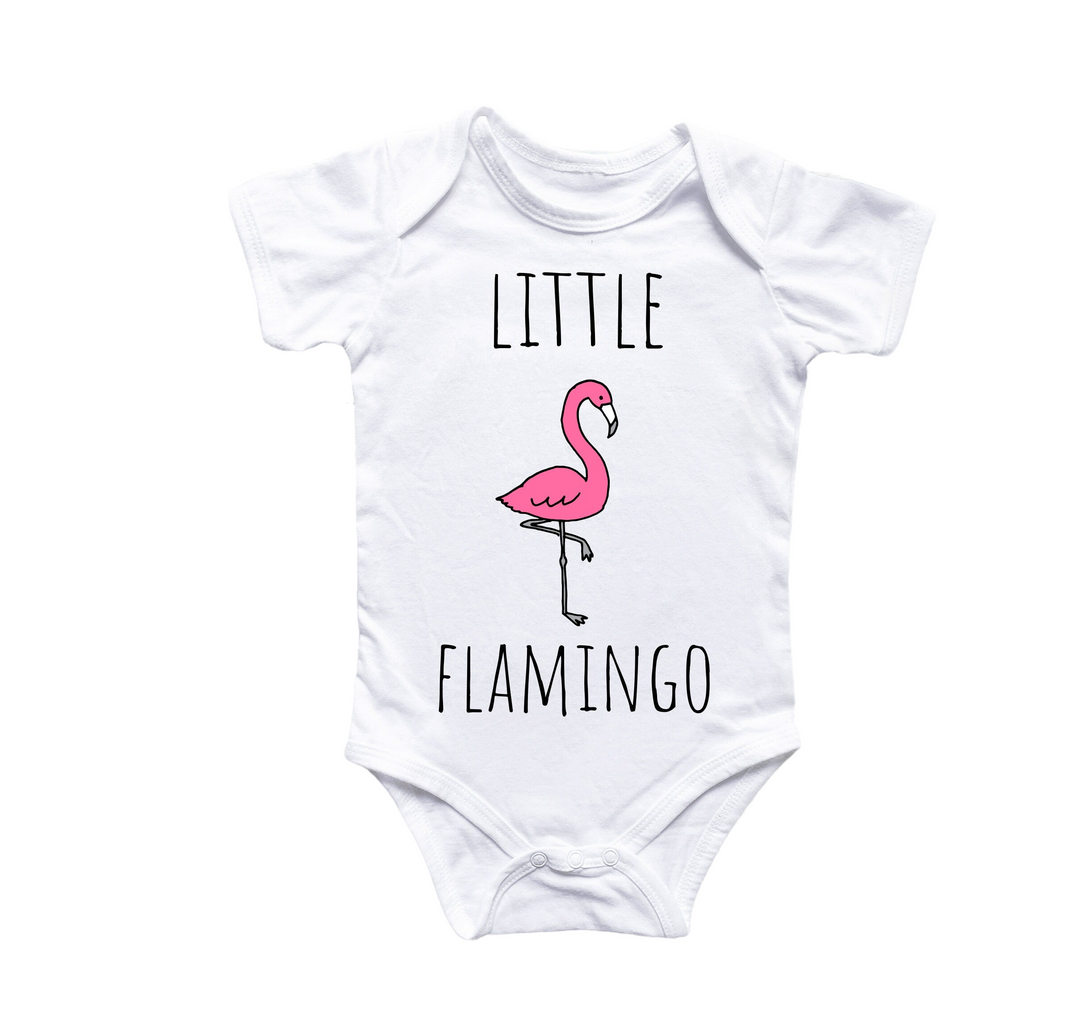 a white bodysuit with a pink flamingo on it