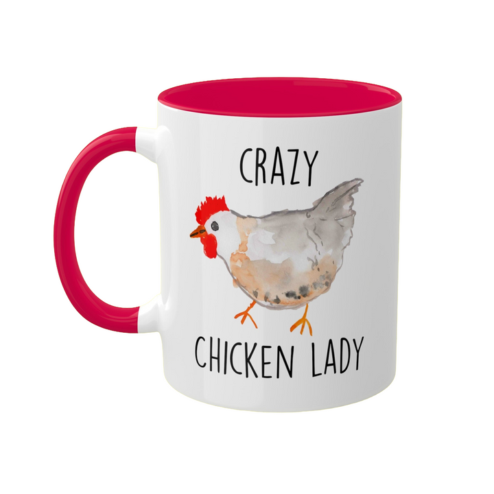 a red and white coffee mug with a chicken on it