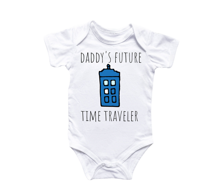 a white bodysuit with the words daddy's future time traveler printed on it