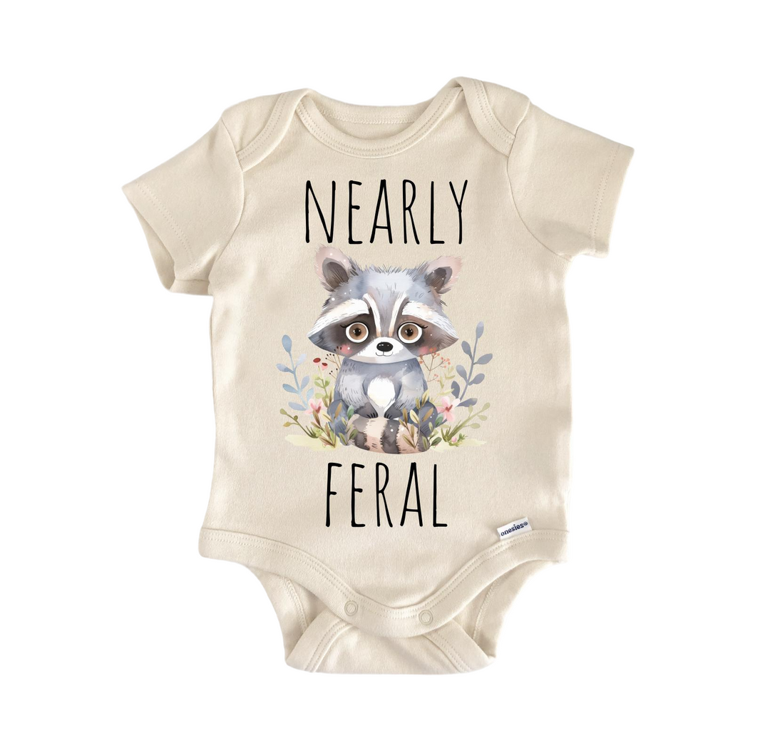 a baby bodysuit with a raccoon on it