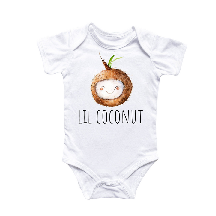 a white bodysuit with a picture of a coconut on it