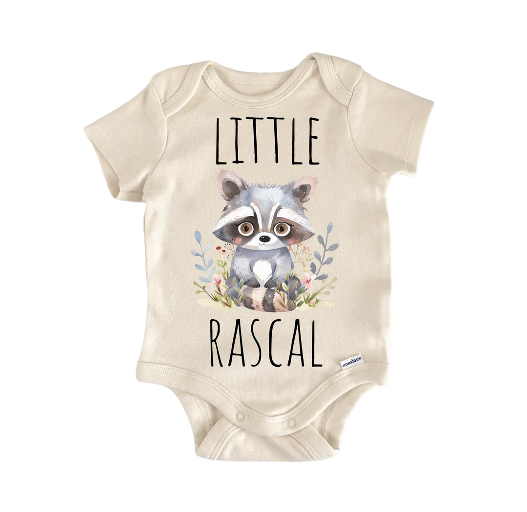 a baby bodysuit with a raccoon on it