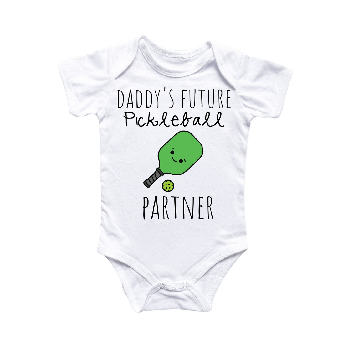 a baby bodysuit that says daddy's future pickleball partner