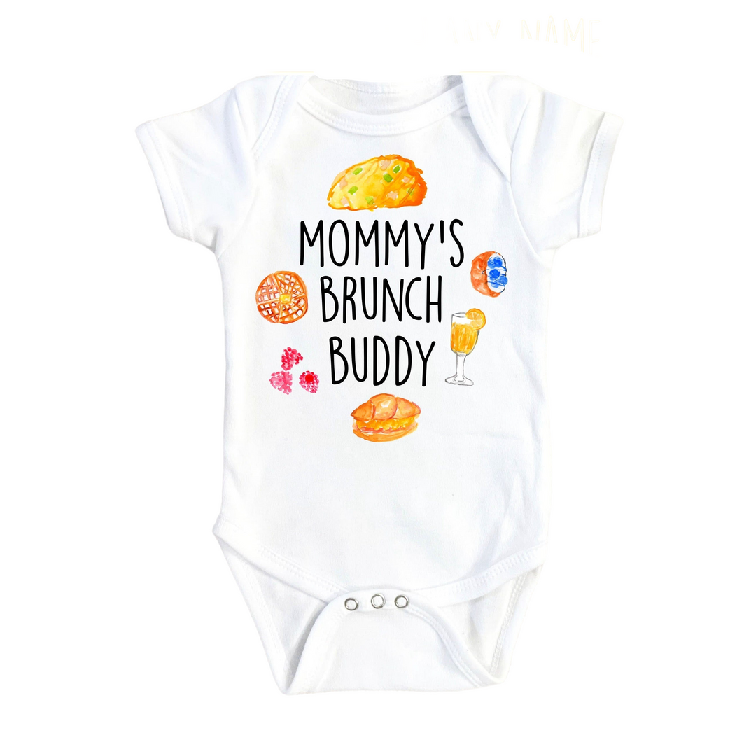 a white baby bodysuit with the words, mommy's brunch buddy