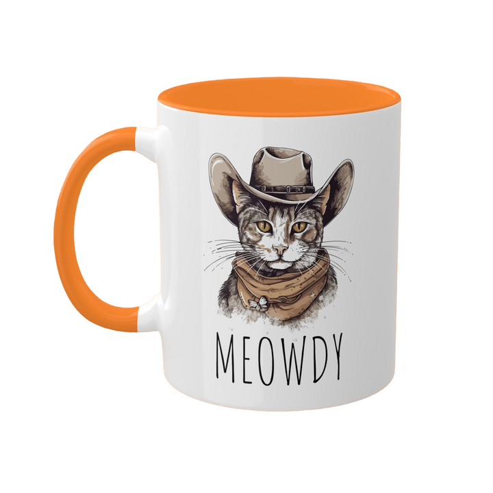 a coffee mug with a cat wearing a cowboy hat