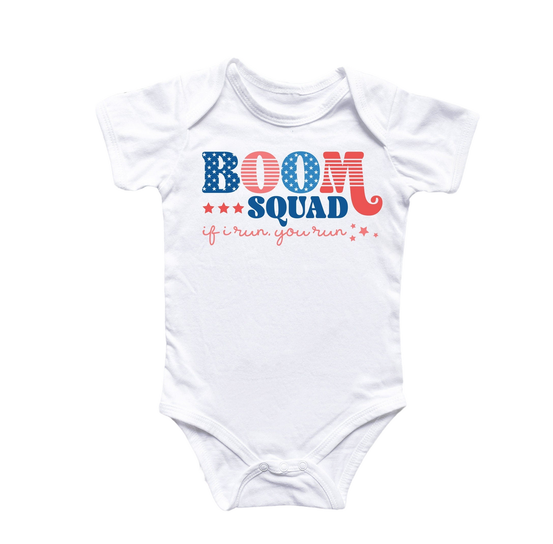 a white bodysuit with the words boom squad on it