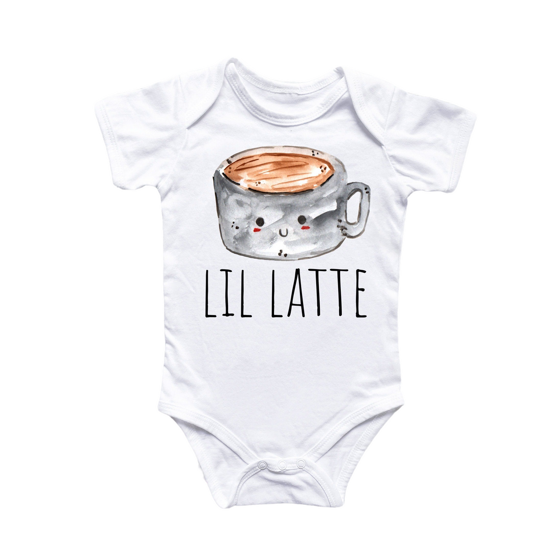 a baby bodysuit with a picture of a cup of coffee