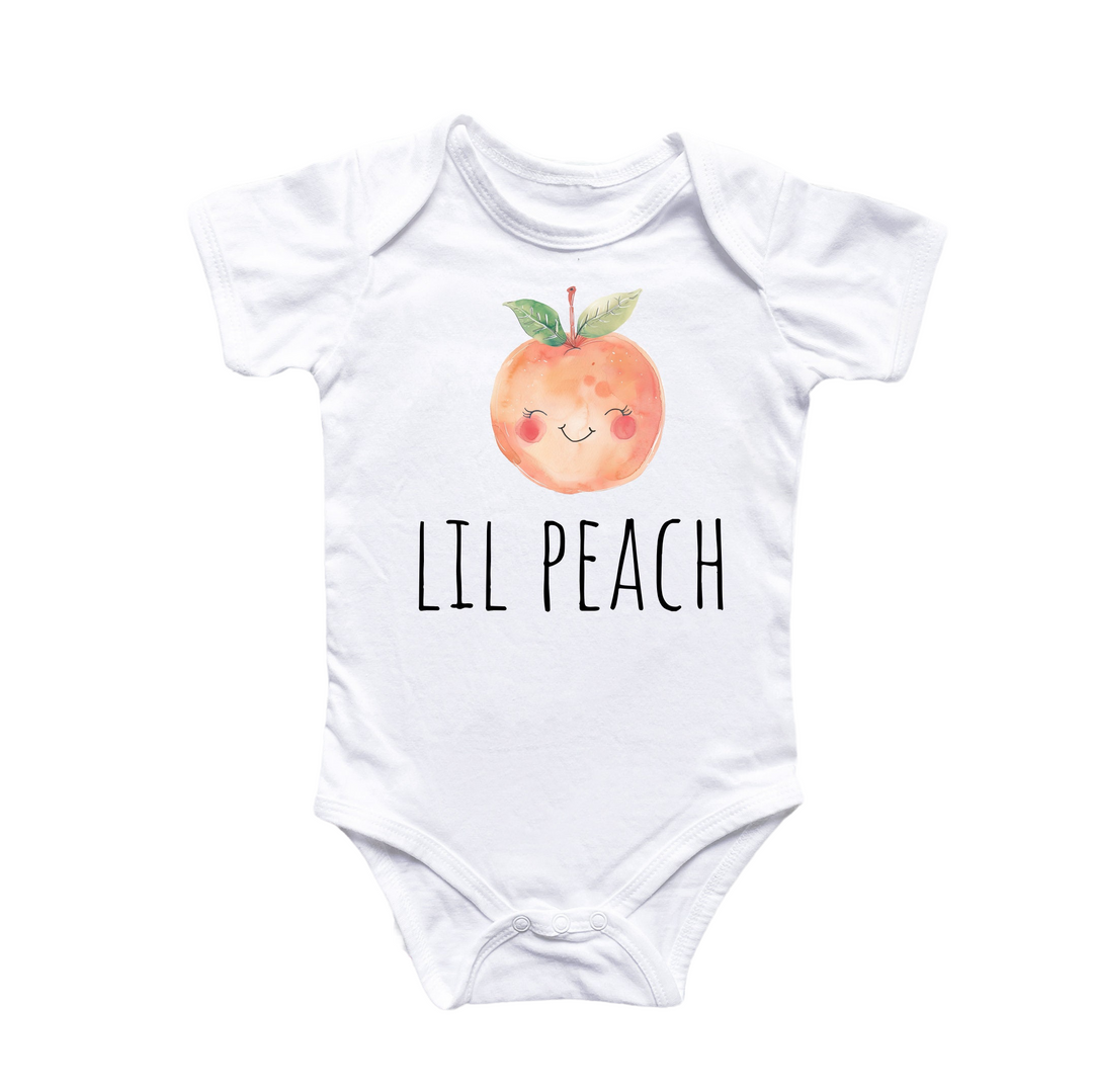 a white bodysuit with a peach on it