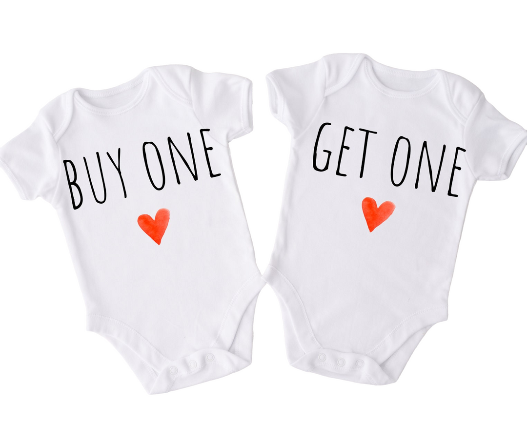 two onesuits with the words buy one get one printed on them