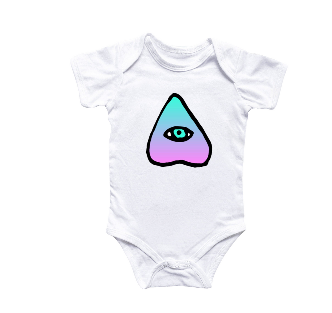 a baby bodysuit with an eye on it