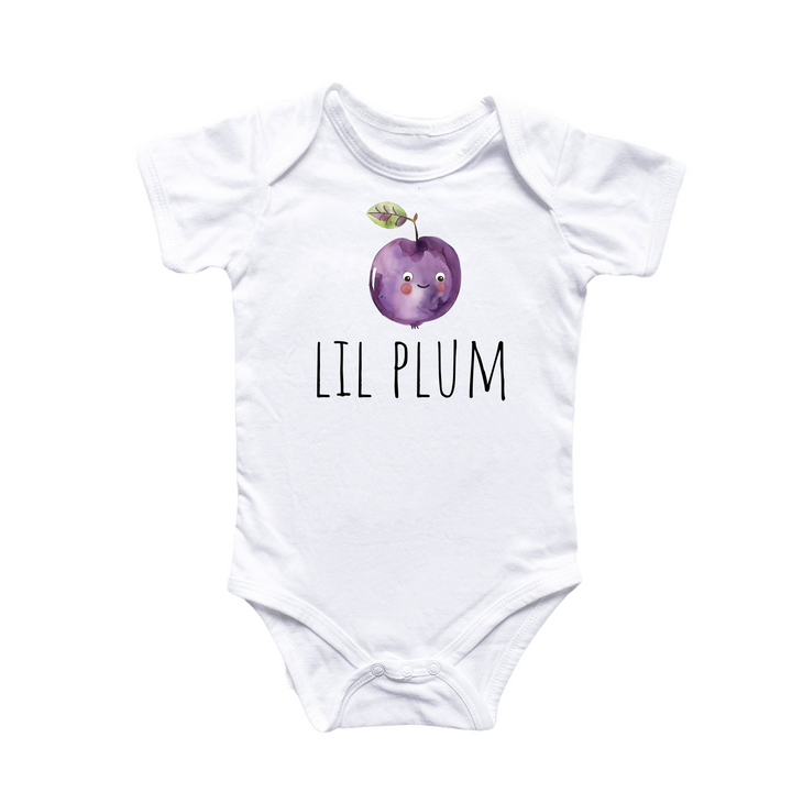 a white bodysuit with a purple apple on it