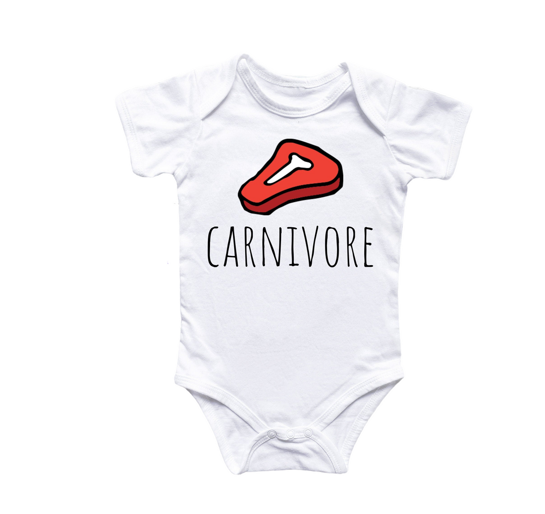 a white bodysuit with the word carnivore printed on it