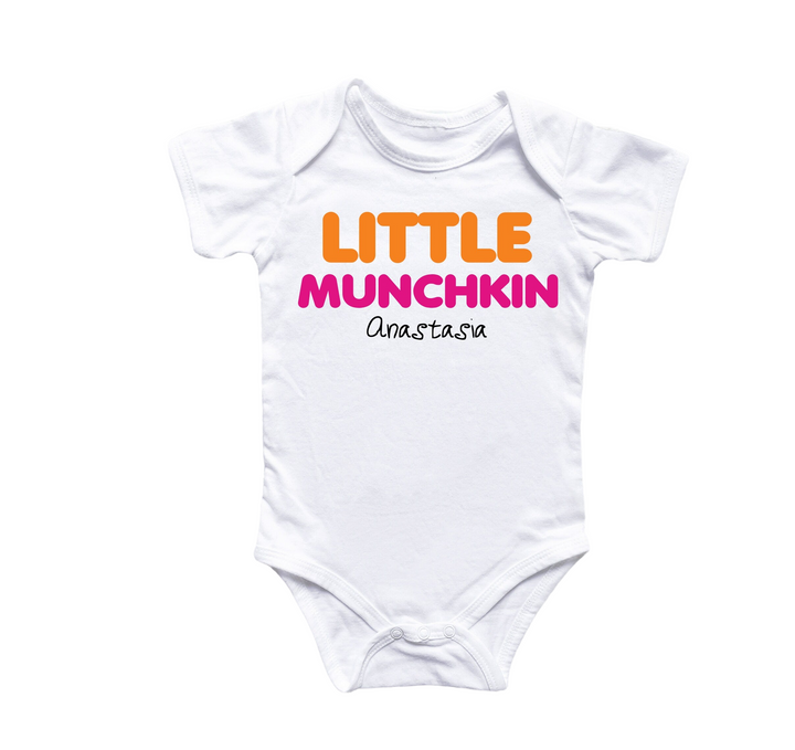 a white bodysuit with the words little munchkin on it