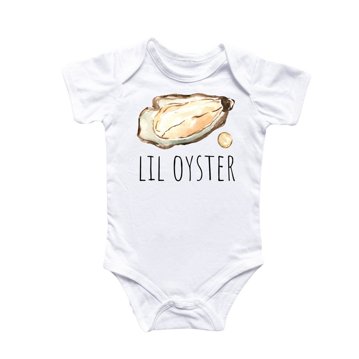 a white bodysuit with a picture of a oyster on it