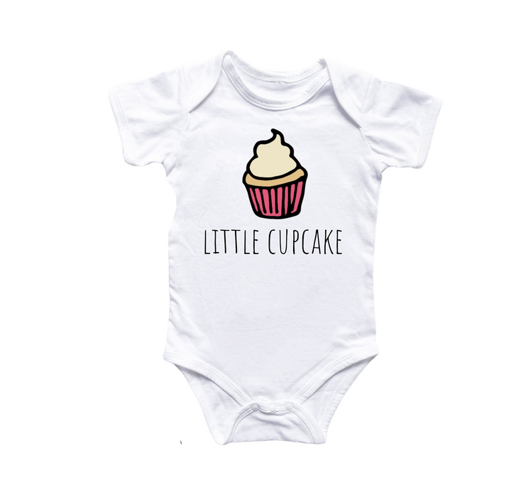 a white baby bodysuit with a cupcake on it